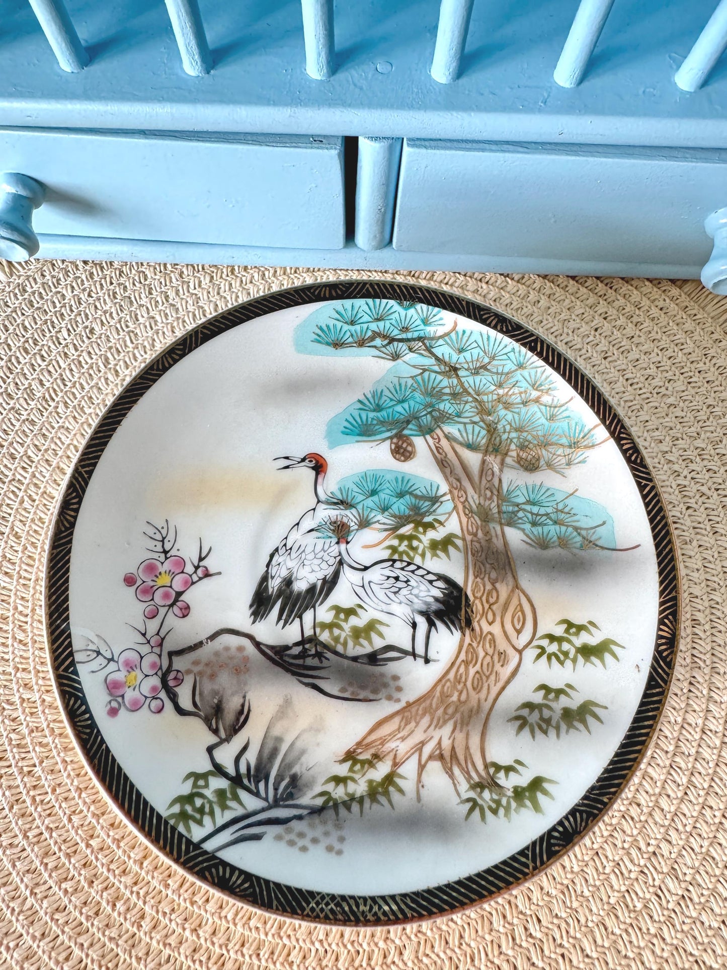 Vintage Japanese Eiwa Kinsei Crane & Pine Tree Teacup and Sa
