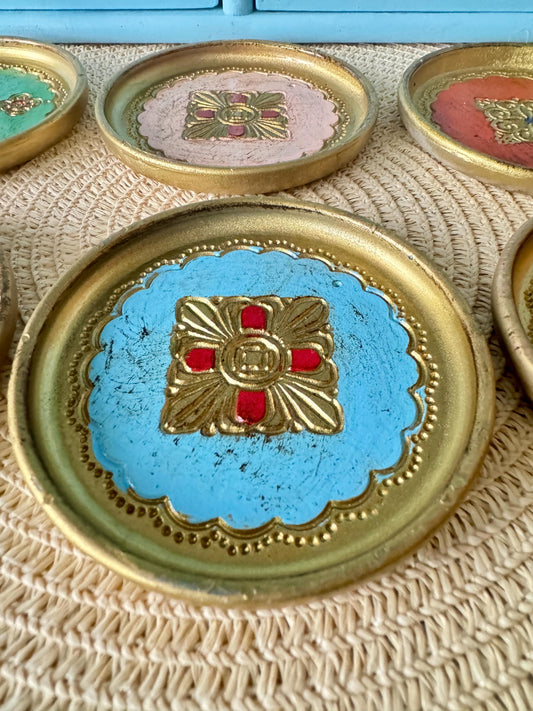 Vintage Italian Florentine Multicolored Gold Coasters