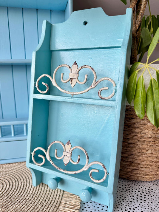 High-Quality Vintage Aqua Blue Wall Shelf with Hooks | Shabb