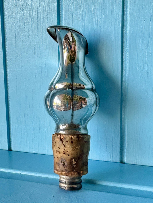 Vintage Silver-Tone Bottle Stopper Pourer with Cork Base | O