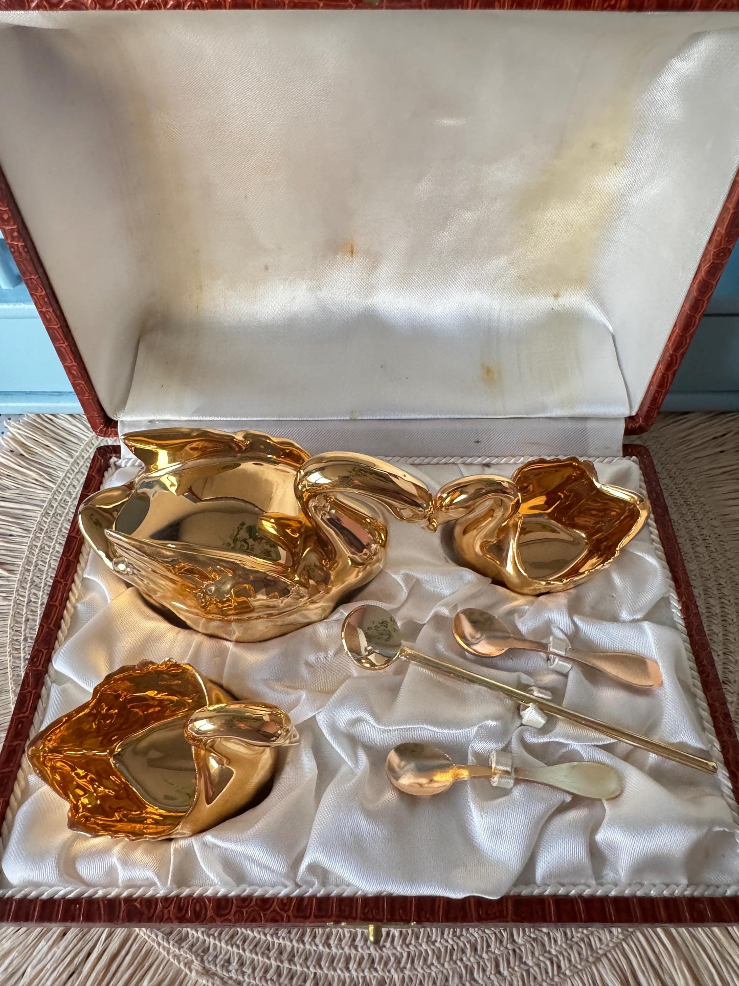Rare Montigny & Cie French Gold Plated Swan Condiment Set -