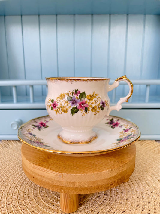 Vintage Elizabethan Fine Bone China Tea Cup and Saucer - Pink Yellow Floral Gold Trim, Previously Loved Vintage, Antique Tea Cup, High Tea