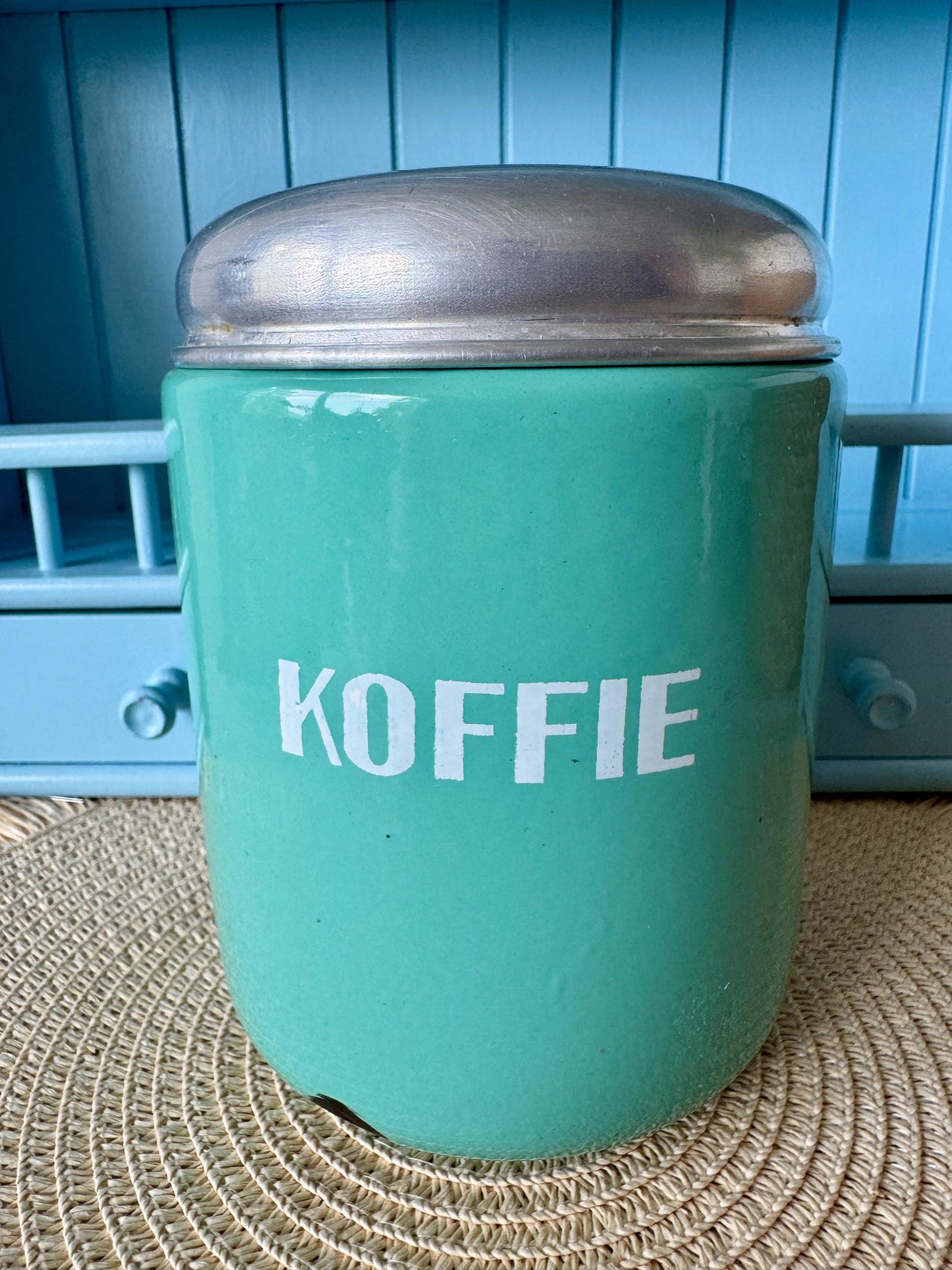 Rare Vintage Hard to Find and Very Collectible Dutch Enamel Canisters Set – Koffie Suiker Thee – 1960s Retro Storage Jars, Turquoise Blue