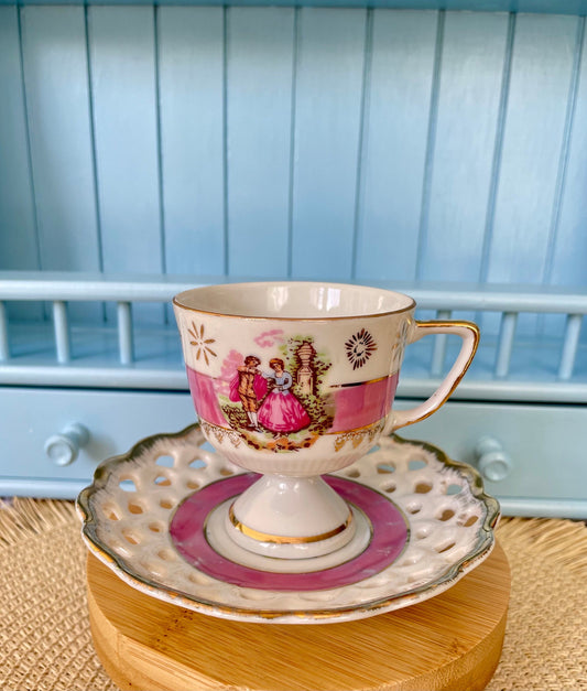 Hard to Find Rare Vintage Versailles, Pearl Shine Versailles Teacup & Laced Saucer with Fragonard Love Scene, Shabby Chic, Made in France