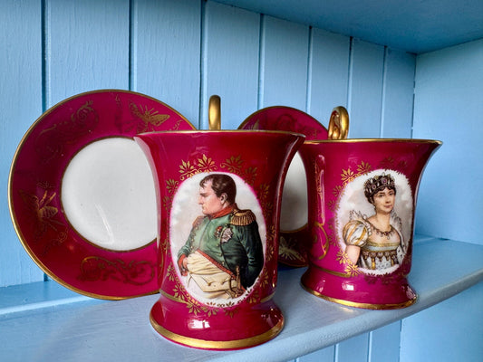 Rare Limoges Napoleon Josephine Espresso Cups & Saucers | Burgundy Gold Porcelain | Imperial Bee Motif | Perfect Condition | Historical Gift