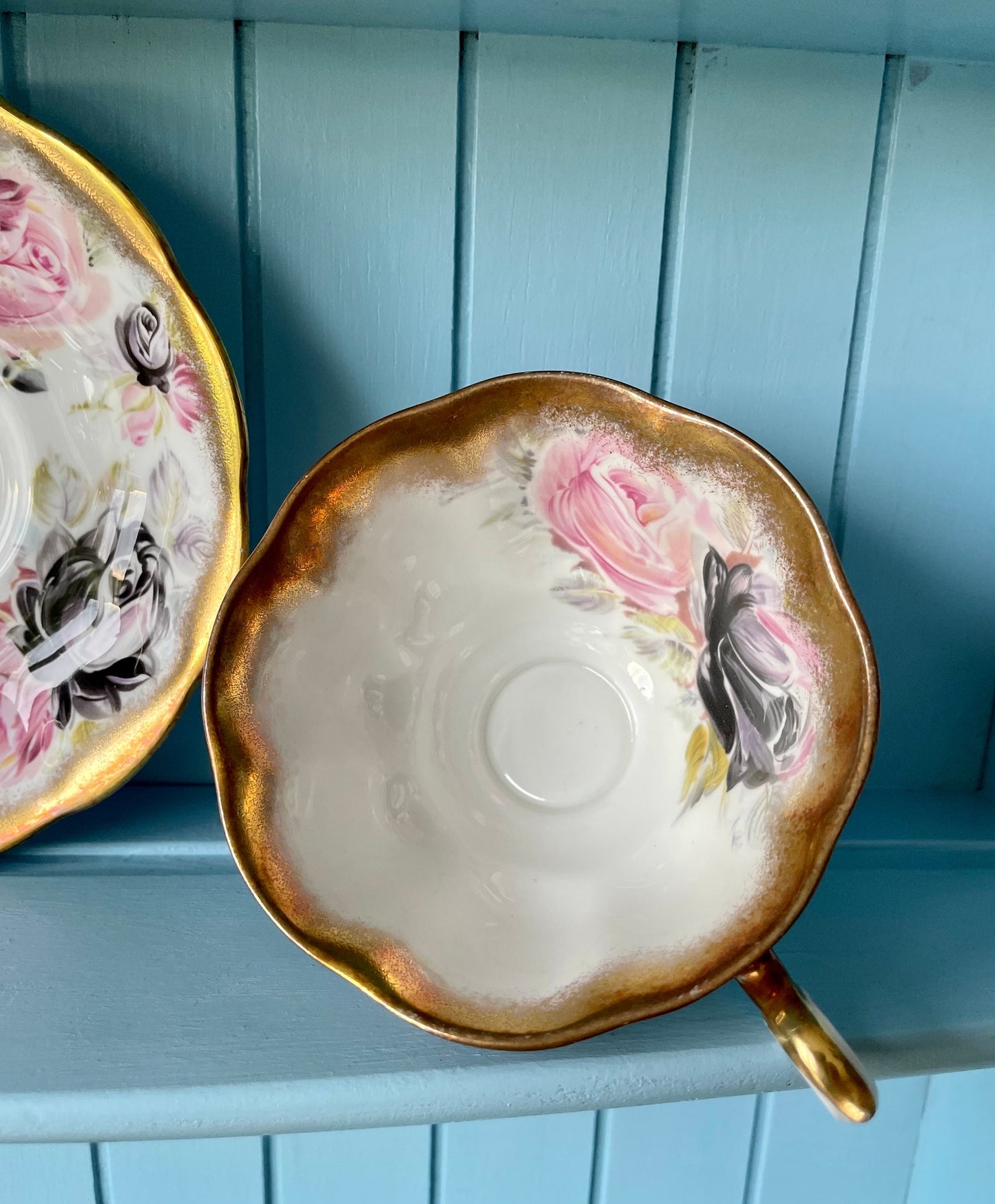 Rare Vintage Royal Albert Summer Bounty Tourmaline TeaCup and Saucer, Bone China, Pink & Black Roses, Thick Gold Trim, Collectors, England