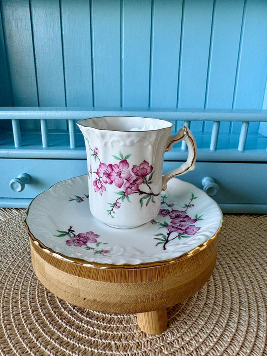 Rare Find, Vintage Hammersley Pink Cherry Blossom Coffee Cup & Saucer, Bone China, Previously Loved, Pink Cherry Blossom Gold Decor, England