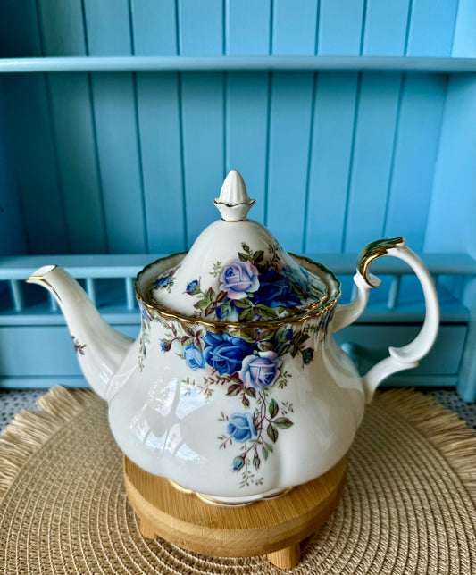 Very Rare Hard To Find "Medium" Royal Albert "Moonlight Rose" Tea Pot, Spout Inside Lid Is Missing, Bone China, Blue Roses Decor, England