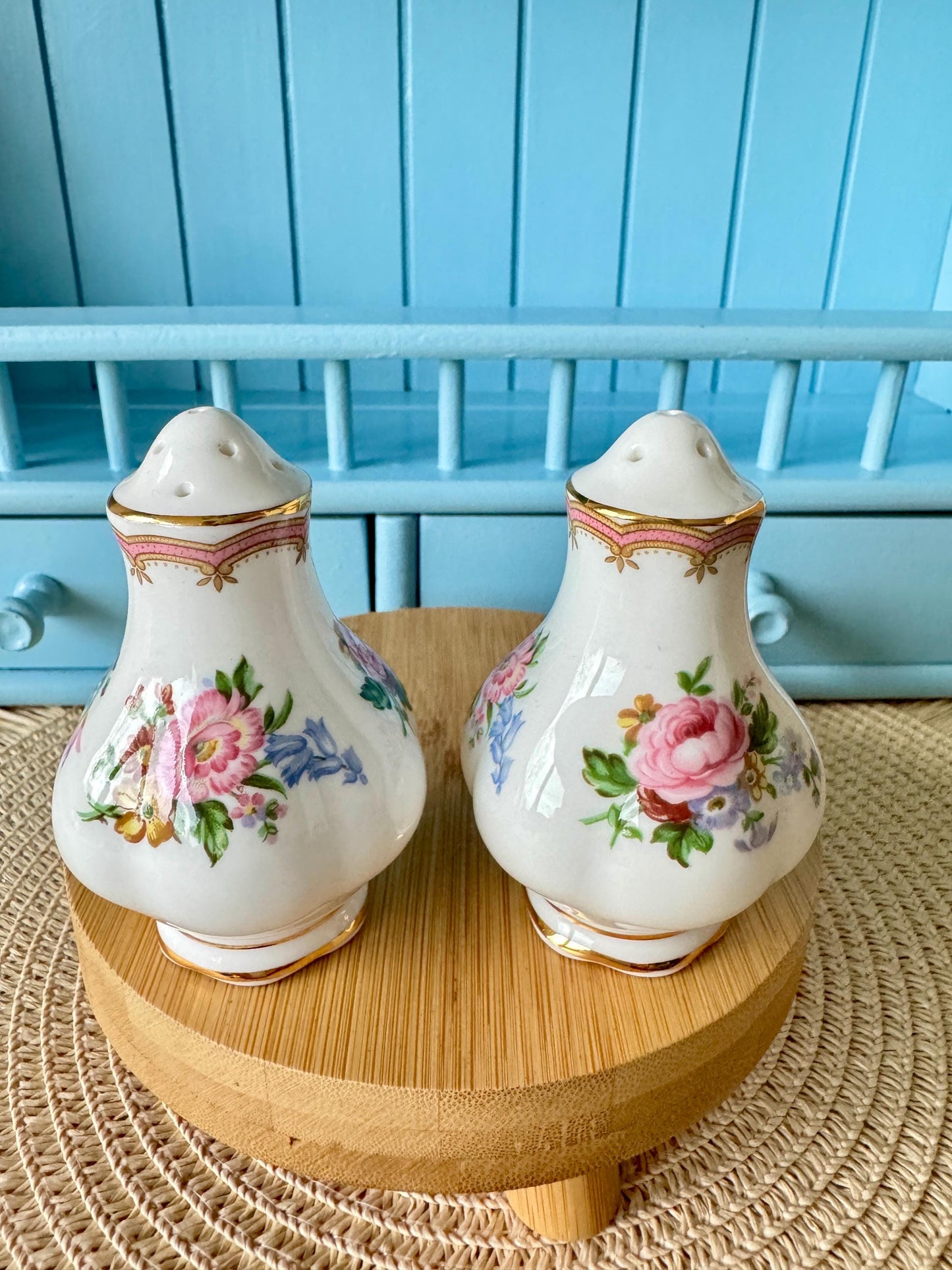 Vintage Royal Albert "Lady Carlyle" Salt & Pepper Shakers, Bone China, Previously Loved, Collectors Item, Thick Gold, Original Caps, England