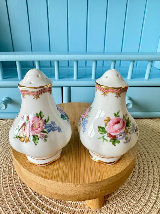 Vintage Royal Albert "Lady Carlyle" Salt & Pepper Shakers, Bone China, Previously Loved, Collectors Item, Thick Gold, Original Caps, England