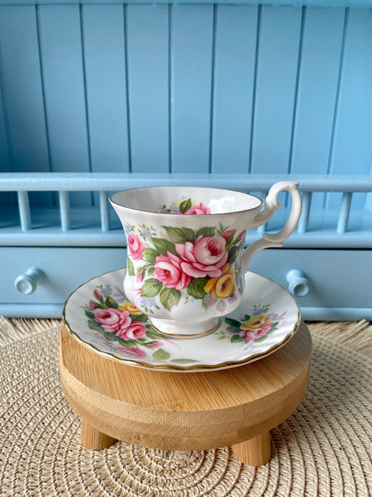 Vintage Royal Albert Summertime Series Lady CoffeeCup & Saucer, Fine Bone China, Pink Yellow Roses Decor, Previously Loved, Made In England