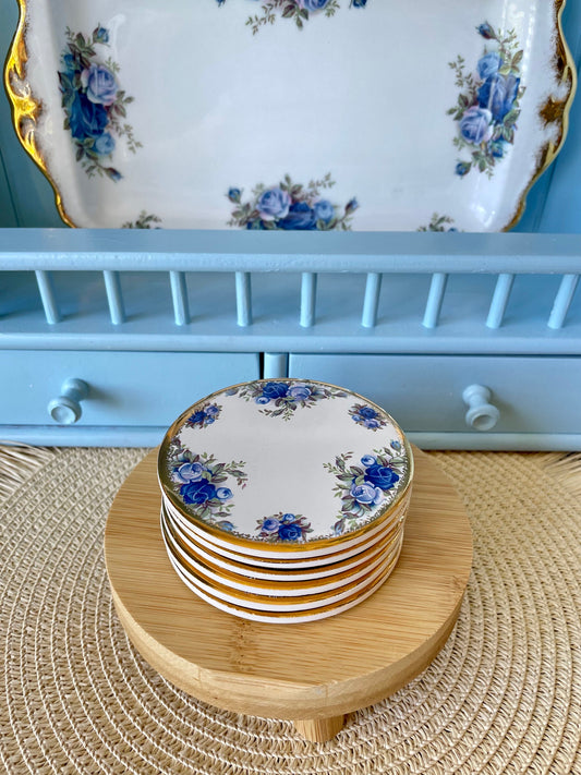 Vintage Royal Albert Moonlight Rose Set of 6 Porcelain Coasters, Velvet Bottom, Fine Bone China, Beautiful Blue Roses Decor, Made in England
