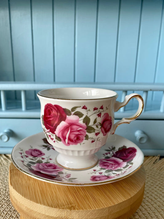 Vintage Queen Anne, Pink  and Red Roses Floral Bone Tea Cup and Saucer, Antique English China, Previously Loved, Ribbed Cup, Made in England
