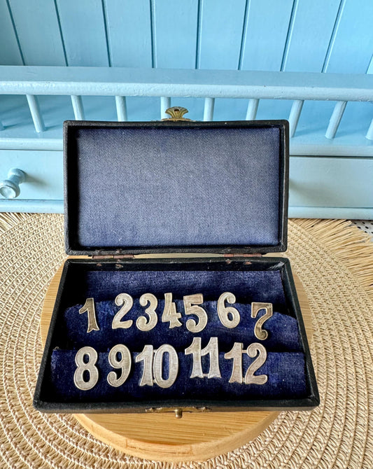 Antique Alpacca Silver Wine Glass Numbers,  Wine Glass, Table Markers, English Dinner Party, 12 Alpacca Silver Numbers, Early 1900 Tableware