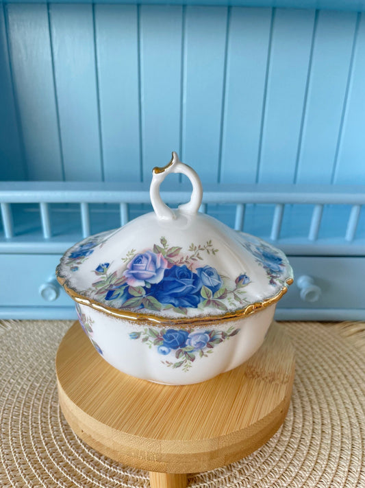 Vintage Royal Albert Moonlight Candy Bowl with Lid, Perfect for Candy, Chocolate or Sugar Bowl, Bone China, Blue Roses Gold Decor, England