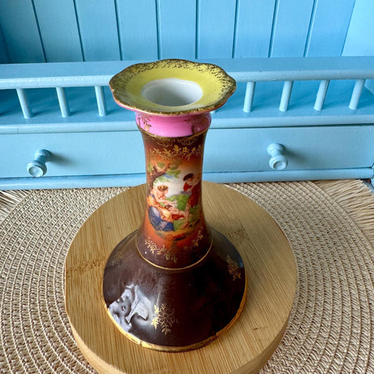 Vintage P.M Moschendorf Bavaria, Candle Holder, Love Scene Courting Couple & Child Decor, Brown, Yellow and Pink Colors, Made in Germany