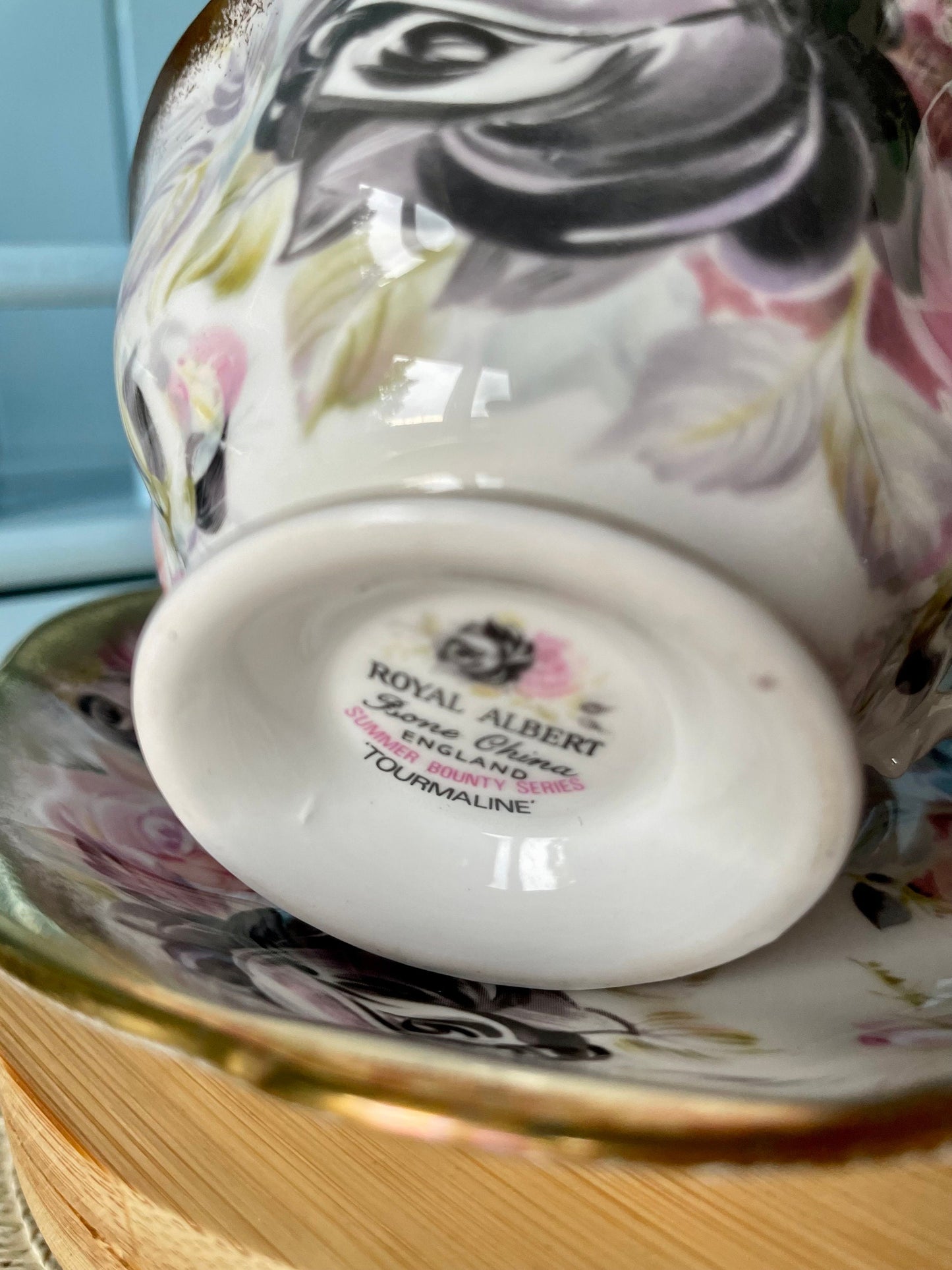 Rare Vintage Royal Albert Summer Bounty Tourmaline TeaCup and Saucer, Bone China, Pink & Black Roses, Thick Gold Trim, Collectors, England