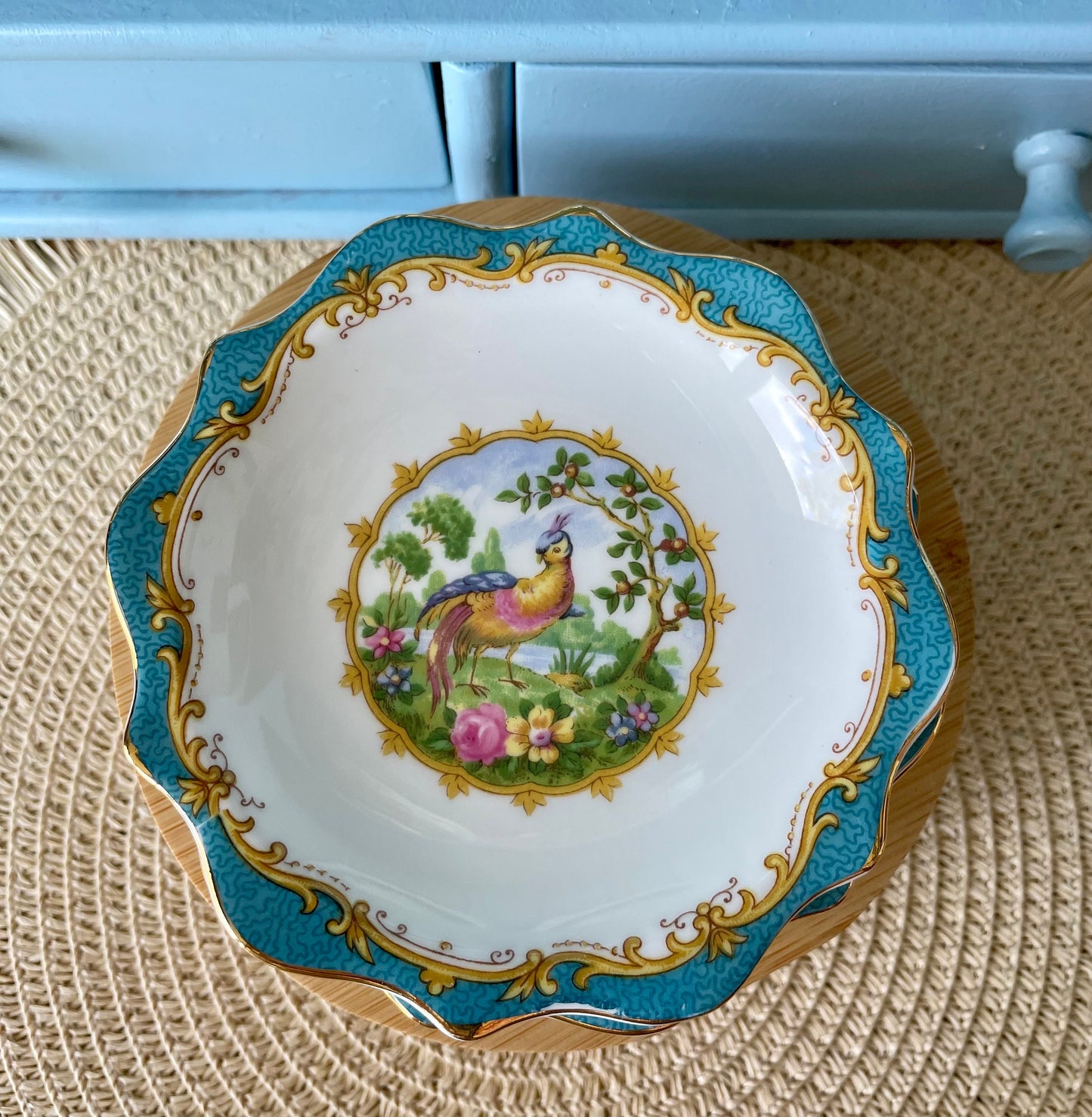 Multiple Vintage Royal Albert "Chelsea Bird" Items, Large Cake Plate with 4 Plates, Butter Dish, Petit Four, Creamer Set,Bone China, England