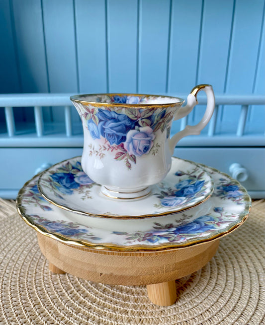 Beautiful Vintage Lady Sized Royal Albert "Moonlight Rose" Trio's, Previously Loved But As New, Perfect Blue Floral Decor, Made in England