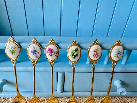 Vintage Collectible Royal Albert "Flower of the Month" Gold Plated Spoons, Jan, Feb, March, May, June, July, Floral Decor, Gold Spoon, Japan
