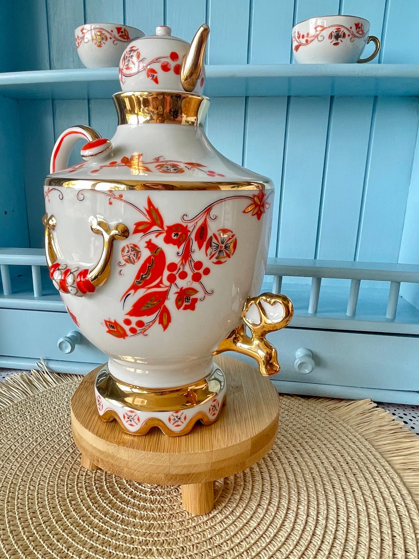 Rare Find, Vintage "Lomonosov" Samovar, Made in USSR, Orange and 22 Karat Golden Decanter, Previously Loved, Collectors Item, With Two Cups