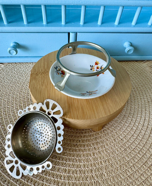 Vintage Bavaria Ornate EPNS Silver Plated Tea Strainer Porcelain Drip, Floral Decor, Previously Loved, Collectors Item, Gift Her, Germany
