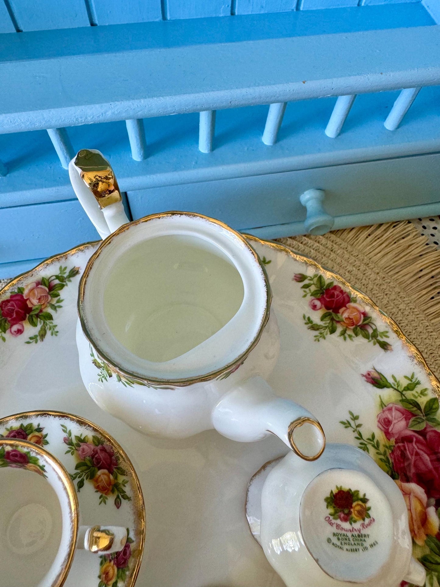 Vintage Royal Albert "Old Country Roses" Miniature Tea Set, Doll House Tea Set, Bone China, Teapot, Creamer, Teacup, Plate, Made in England