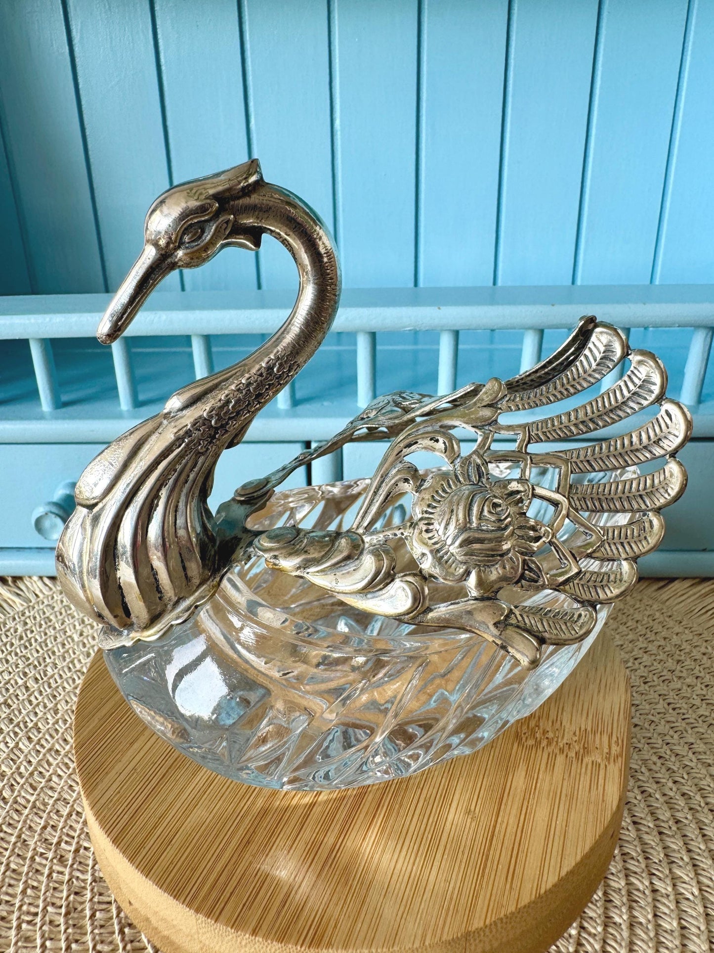 Rare Find: Vintage Swan Sugar Bowl, Crystal with Silver-Toned Rose Wings, Hallmarked Crown & G, Elegant Table Display Piece, Made in France