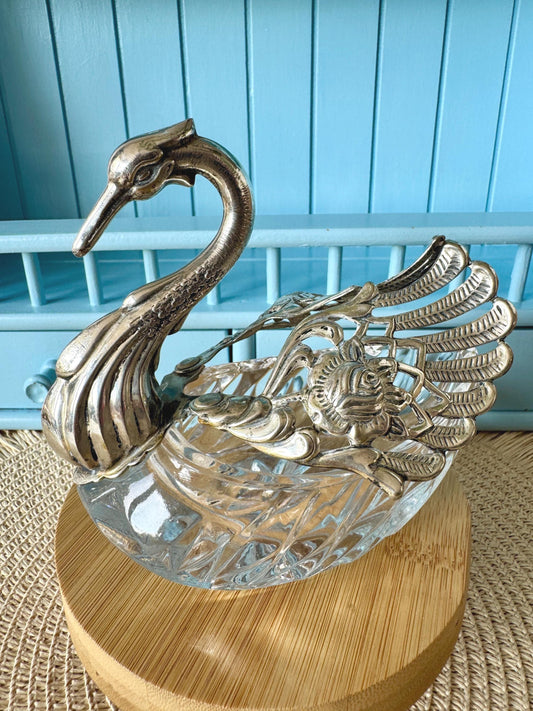 Rare Find: Vintage Swan Sugar Bowl, Crystal with Silver-Toned Rose Wings, Hallmarked Crown & G, Elegant Table Display Piece, Made in France