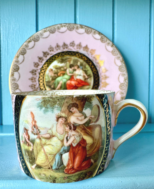 Antique Royal Vienna Fragonard Espresso Cup & Saucer, Beehive Mark Cup, Pink Gold Eggshell Porcelain, Matched Set, Vintage Romantic, Austria