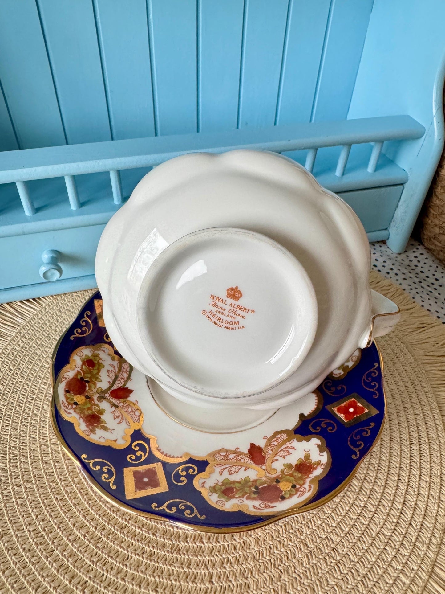 Rare Vintage Royal Albert "Heirloom"  Large Gravy Boat with Under plate, Bone China, Previously Loved, Cobalt Blue  Pattern, Made in England