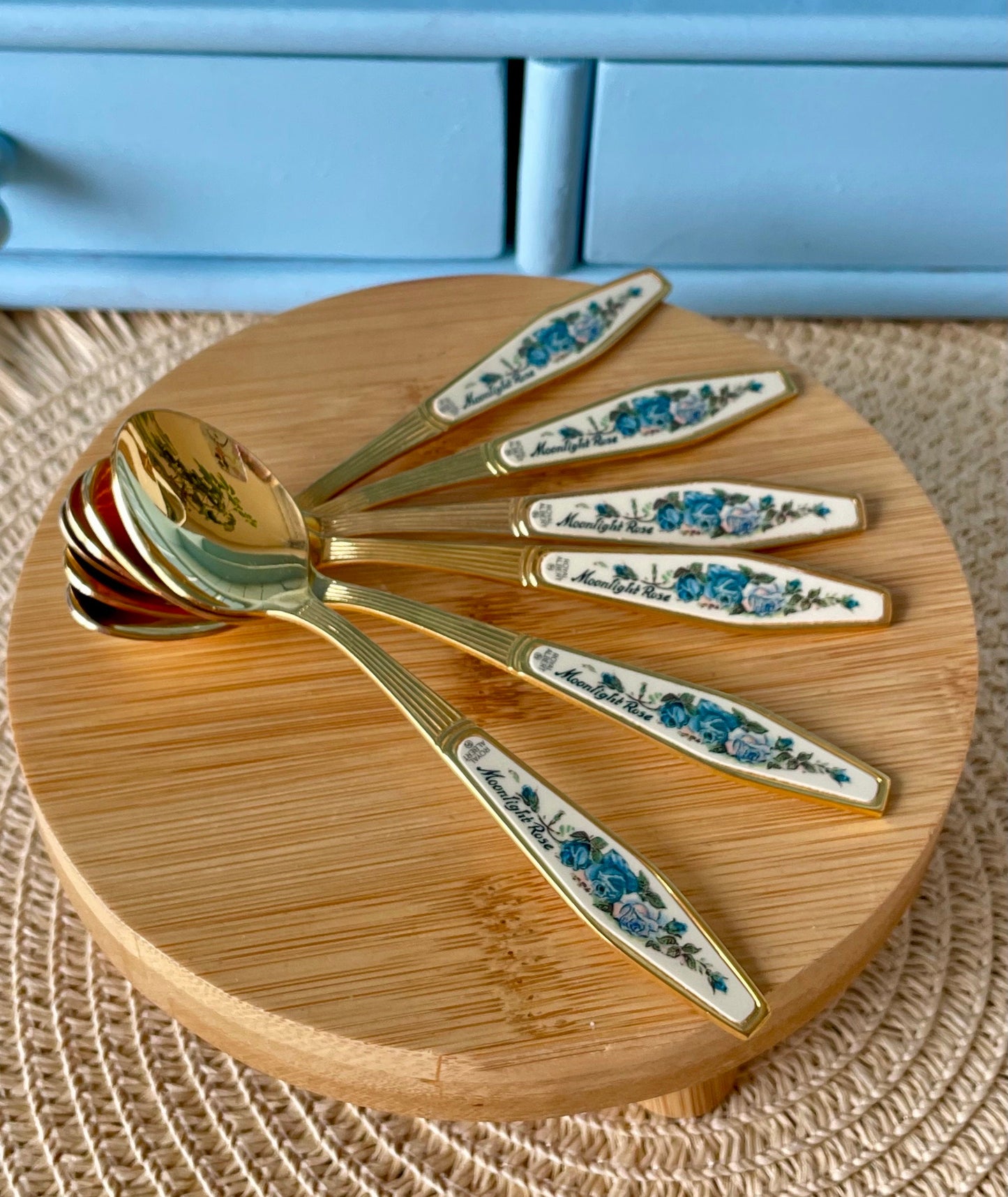 Rare Vintage Royal Albert "Moonlight Rose" TeaSpoon, Set of 6 Gold Hue Spoons, Silver Plated, Previously Loved, For HighTea, Made In England