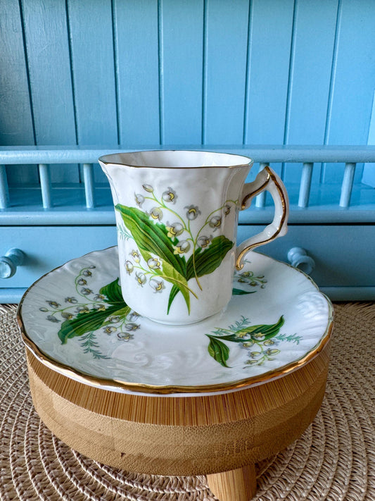 Rare Find, Vintage Hammersley Green Lily of the Valley Coffee Cup & Saucer, Bone China, Previously Loved, Green Gold Floral Decor, England