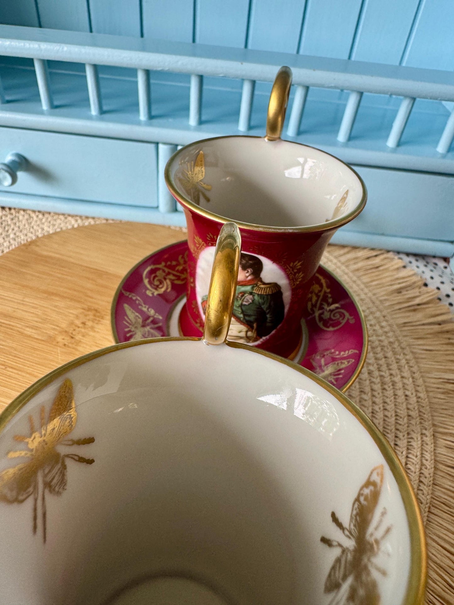 Rare Limoges Napoleon Josephine Espresso Cups & Saucers | Burgundy Gold Porcelain | Imperial Bee Motif | Perfect Condition | Historical Gift