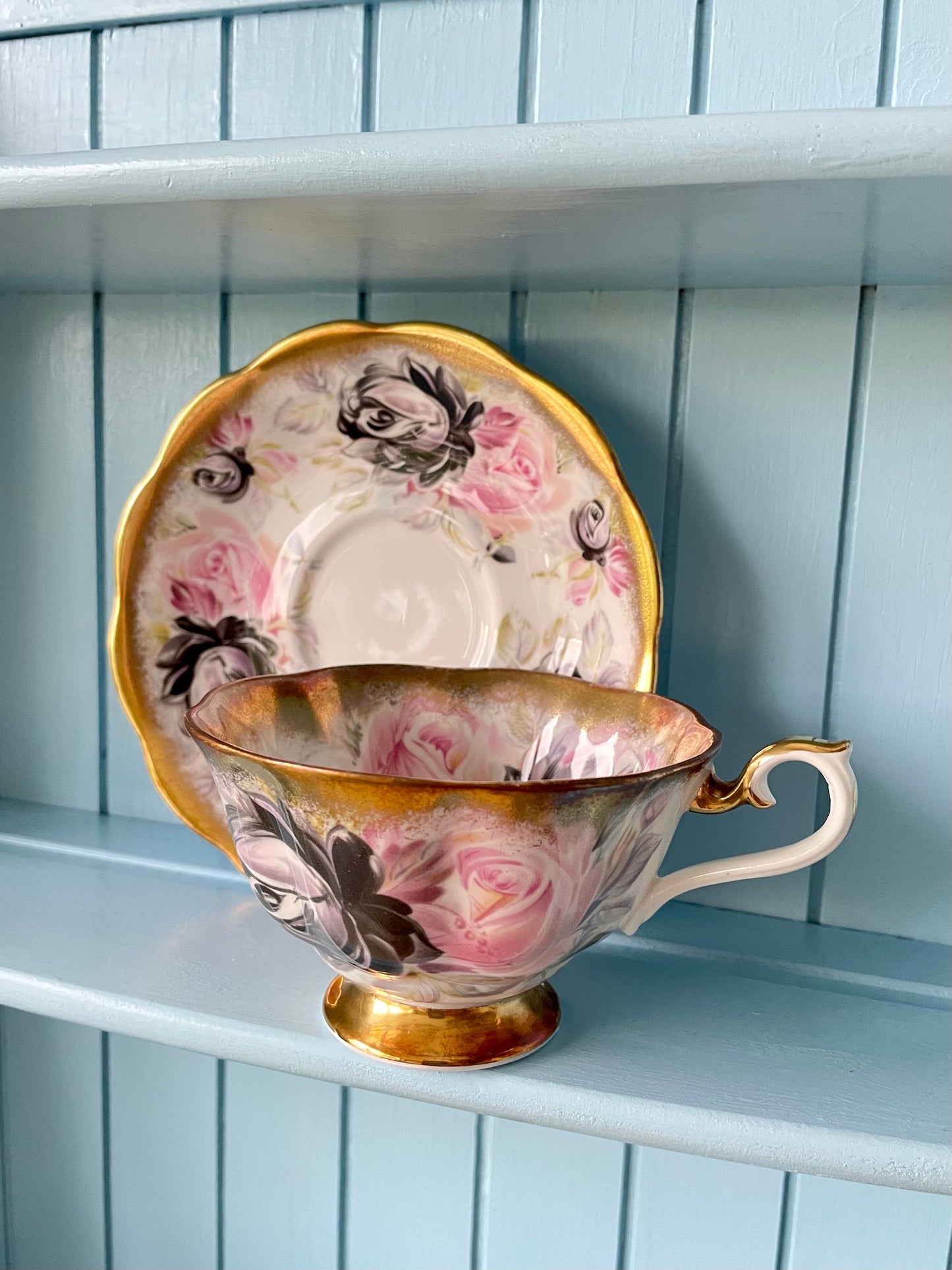 Rare Vintage Royal Albert Summer Bounty Tourmaline TeaCup and Saucer, Bone China, Pink & Black Roses, Thick Gold Trim, Collectors, England