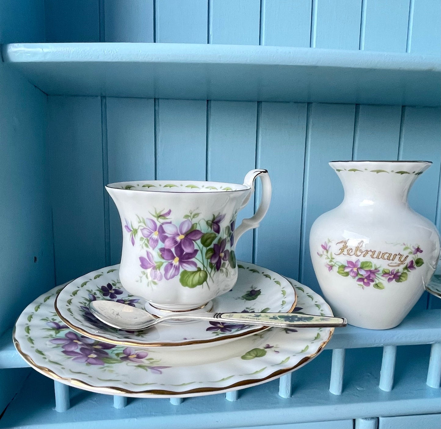 Royal Albert Flower Of The Month Trio's Cup Saucer Plate, Fine Bone China,  Sold Individually, Unique Find, With 6 Tea Spoons, Feb Plus Vase
