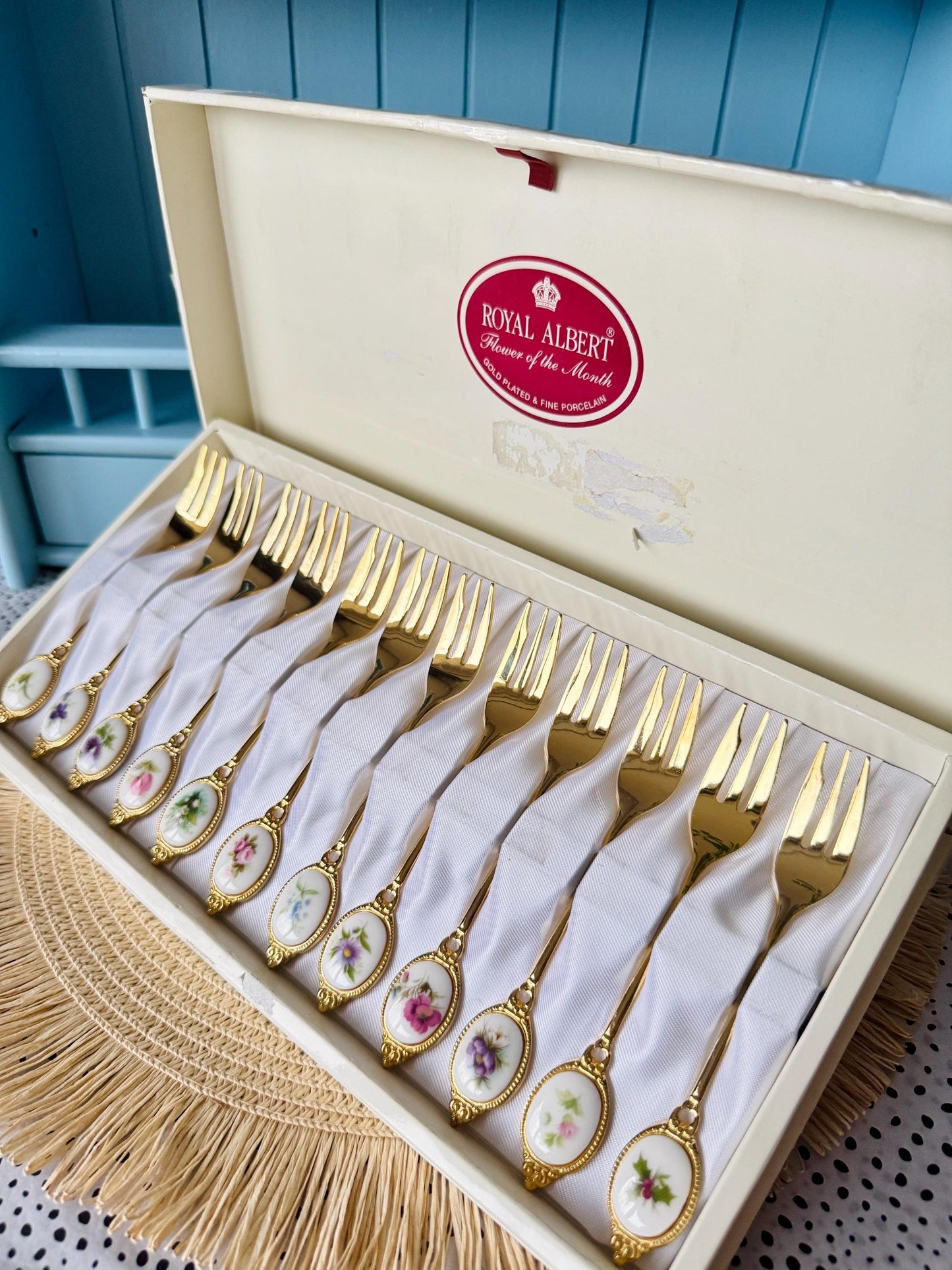 Vintage Hard to Find & Very Collectible Royal Albert "Flower of the Month" 12 Gold Plated Cake Forks, Original Box, Used, Rare Find, Japan
