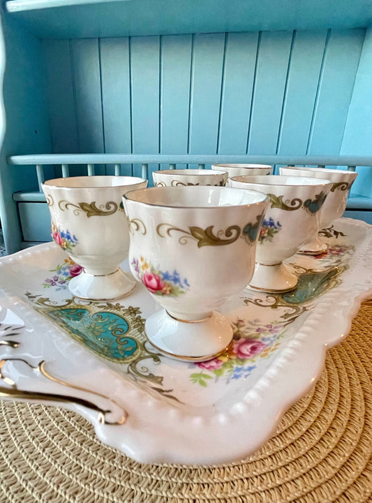 Hard to Find Vintage Royal Albert "Berkeley" Set of 6 Egg Cups with Sandwich Plate, Bone China, Previously Loved, Green Blue Decor, England