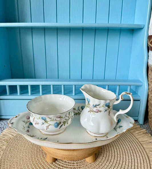Vintage Royal Albert "Brigadoon Thistle Creamer Set, Sugar Bowl, Creamer & Platter, Bone China England, Blue Lavender Thistle Decor, England