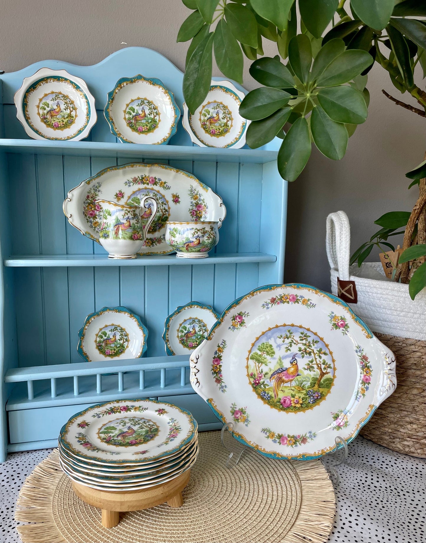 Multiple Vintage Royal Albert "Chelsea Bird" Items, Large Cake Plate with 4 Plates, Butter Dish, Petit Four, Creamer Set,Bone China, England