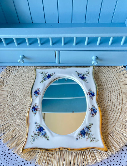 Vintage Royal Albert Moonlight Rose Oval Shaped Mirror, Table Free-Standing or Wall Hanging, Fine Bone China, Blue Roses Decor, Made England