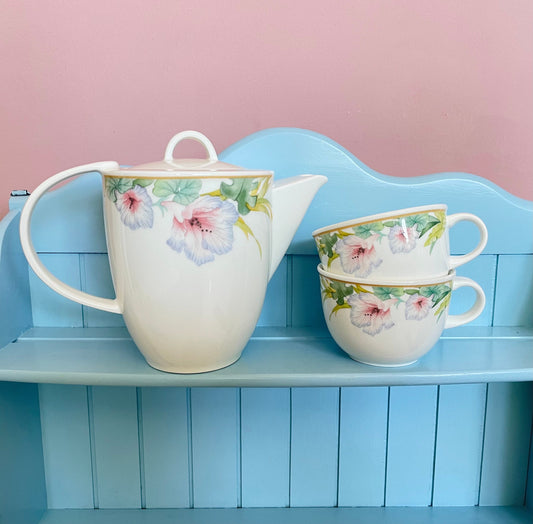 Vintage Villeroy & Boch "Exotica" Teapot With 2 Teacups Saucers, Porcelain From Luxembourg, Previously Loved, High-Tea, Rare Set 80's style