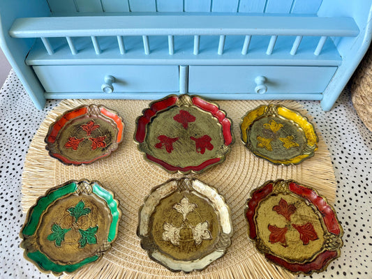 Vintage Italian Florentine Multicolored Gold Baroque Rococo Wooden Coasters, Set of 5 Coasters and 1 Wine Coaster, Hand Painted, Gift Idea