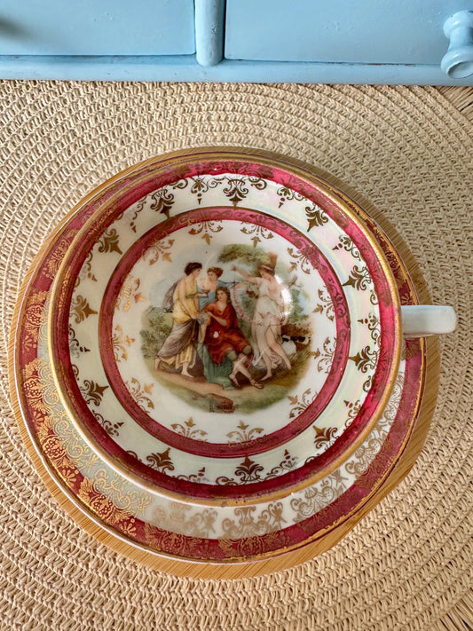 Very RARE Vintage Galluba & Hofmann Espresso Cup and Saucer, Fragonard Style Love Scene, Rich Burgundy, Pink and Gold Decor, Made in Germany