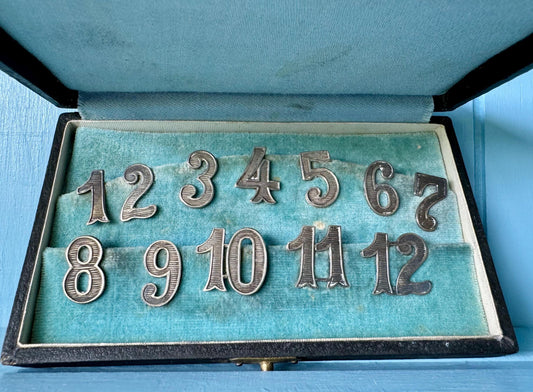 Antique Alpacca Silver Wine Glass Numbers,  Wine Glass, Table Markers, English Dinner Party, 12 Alpacca Silver Numbers, Early 1900 Tableware