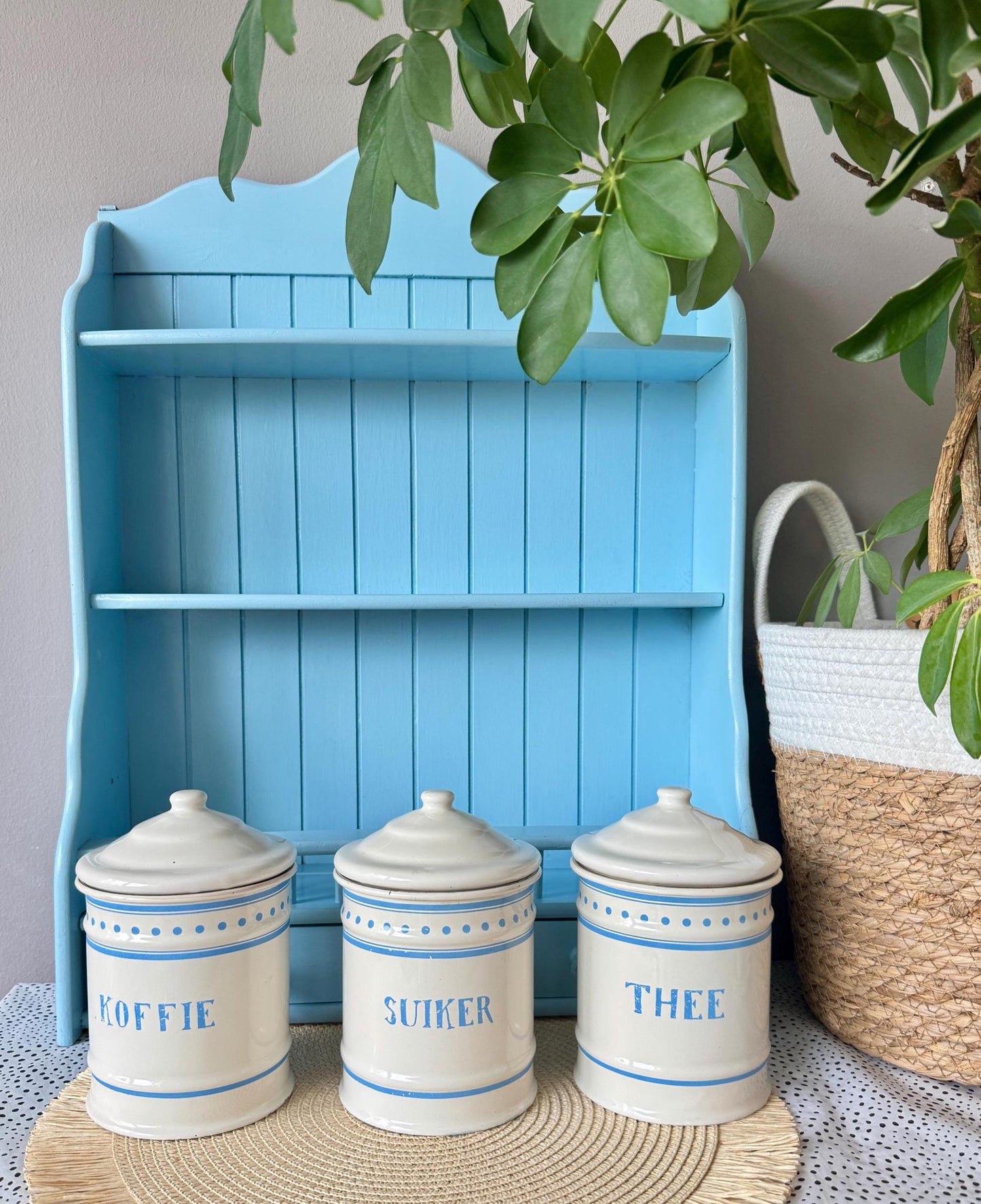 Rare Vintage Hard to Find and Very Collectible Dutch Enamel Canisters Set – Koffie Suiker Thee – 1960s Retro Storage Jars, Baby Blue & White