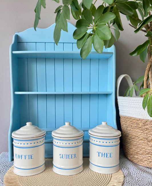 Rare Vintage Hard to Find and Very Collectible Dutch Enamel Canisters Set – Koffie Suiker Thee – 1960s Retro Storage Jars, Baby Blue & White
