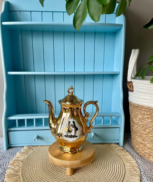Vintage Heavy Gold Gilded Schaller Wiesau Bavaria Mokka Pot, Coffee Pot, Gold & Black Courting Couple Decor, Previously Loved, Made Germany