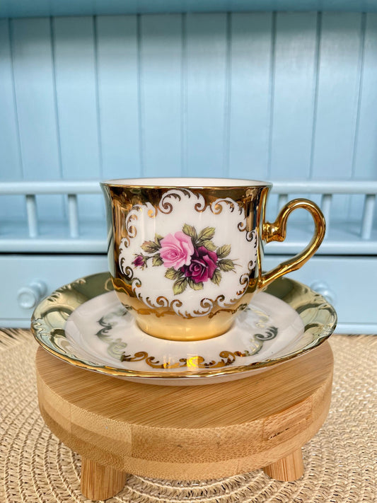 Vintage Heavy Gold HK Bavaria Handarbeit 24 karat Gold Female Sized TeaCup & Saucer, Posh, Pink Roses and Gold Decor, Made in Germany