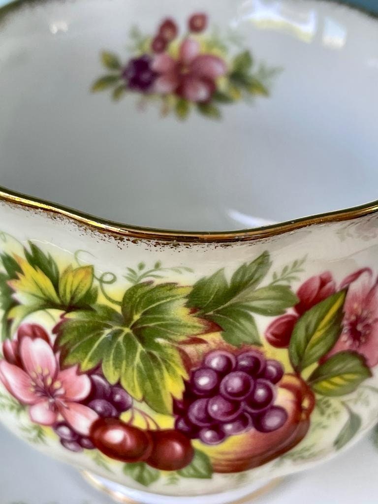 Vintage Royal Queens Fine Bone China Fruit Inspired Teacup And Saucer, Pear, Grapes, Perfect Gold, Queens Fine Bone China Made in England